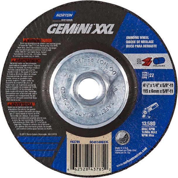 NOR 66252843785 Grinding Disc T27 - 4-1/2"X1/4"X5/8-11 Gemini XXL