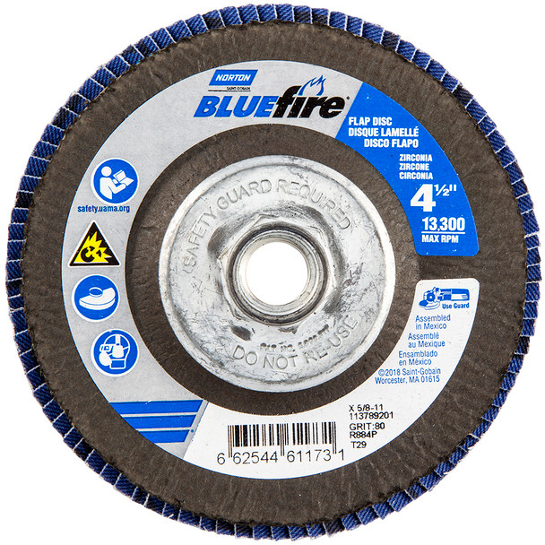NOR 66254461173 Flap Disc 4-1/2" X 5/8-11" 80 Grit Bluefire Fiberglass Conical T29 ZA