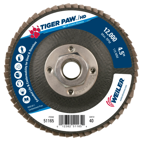 WLR 51165 Flap Disc 4-1/2" X 5/8-11 40 Grit Tiger Paw Super High Density Type 27