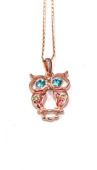 Rose Gold Plated Stainless Steel Owl with Blue Eyes Pendant Necklace for Women