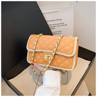 Orange or Khaki High Quality Rectangular Shape PU Leather Handbag with chain for rich women
