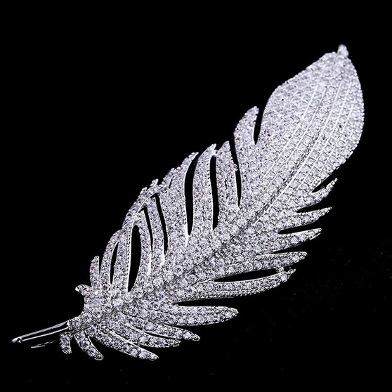 Royal Gold Plated Brass Feather Brooch with Zircon