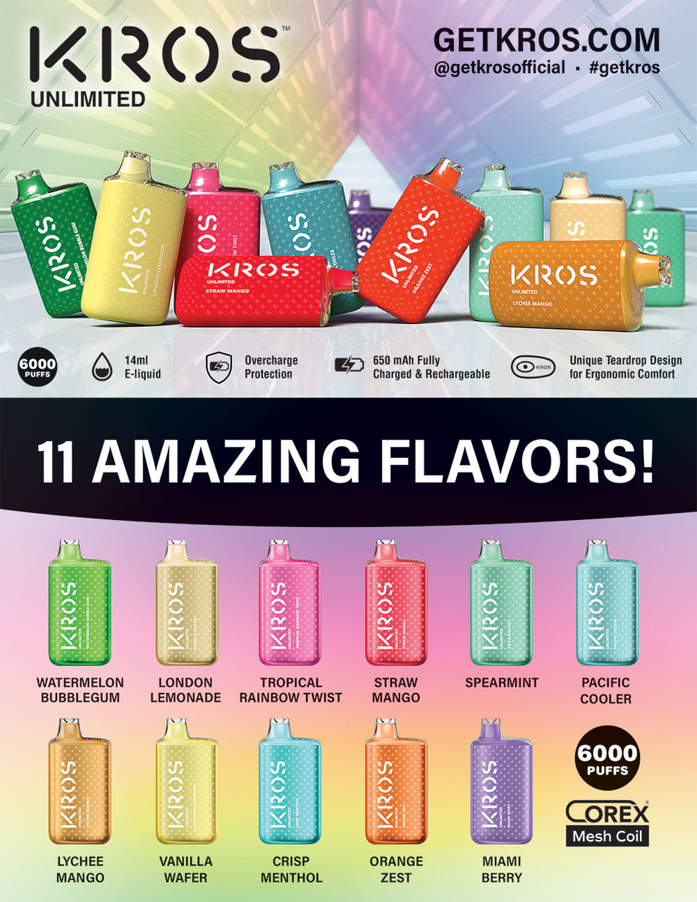 KROS UNLIMITED 5% 14ML 6000 PUFFS RECHARGEABLE DISPOSABLE VAPE DEVICE