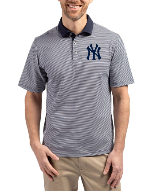 Men's New York Yankees Cutter & Buck Navy Blue/White Virtue Micro Stripe Featherlight Pique Polo