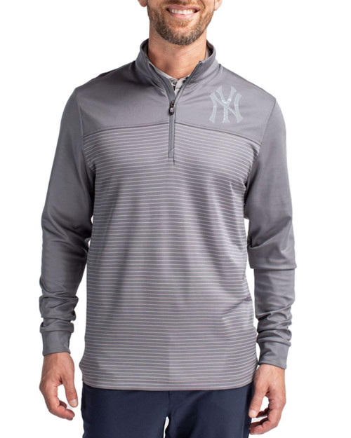 Men's New York Yankees Cutter & Buck Elemental Grey Traverse Stretch Stripe Quarter Zip