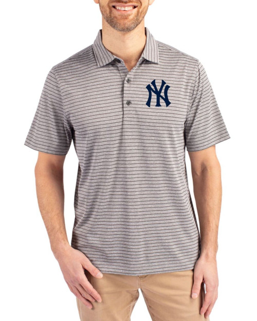 Men's New York Yankees Cutter & Buck Elemental Grey Heather Forge Heather Stripe Four-Way Stretch Polo