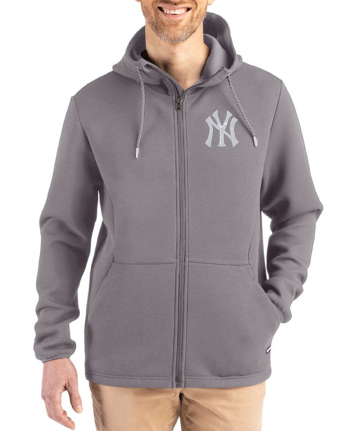 Men's New York Yankees Cutter & Buck Elemental Grey Roam Buttery-Soft Knit Full Zip Hooded Jacket