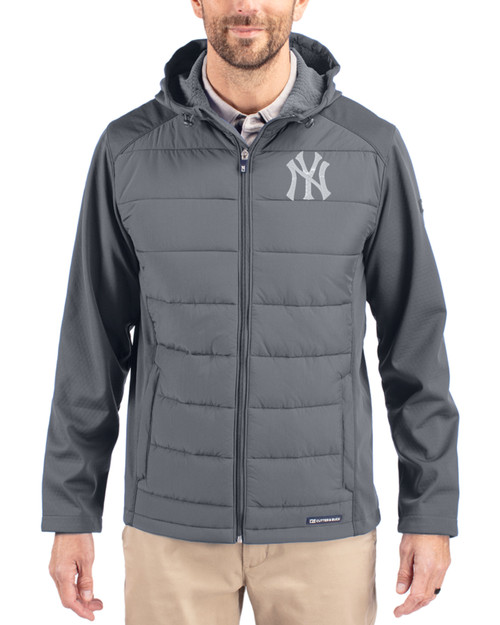 Men's New York Yankees Cutter & Buck Elemental Grey Evoke Epic Versatility Hybrid Softshell Full Zip Hooded Jacket
