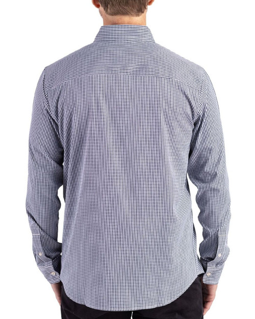 Men's New York Yankees Cutter & Buck Navy Blue/White Skyline Gingham Long Sleeve Button Down Dress Shirt