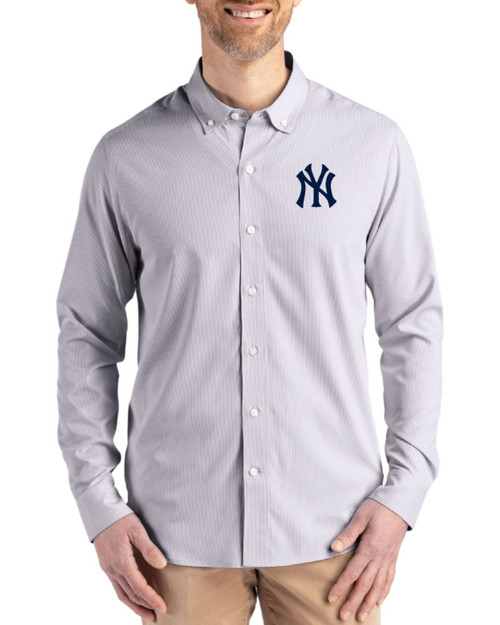 Men's New York Yankees Cutter & Buck Elemental Grey/White Skyline Pinstripe Long Sleeve Button Down Dress Shirt
