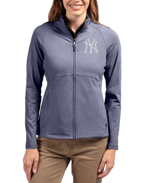 Women's New York Yankees Cutter & Buck Navy Blue Heather Adapt Soft Knit Stretch Heathered Full Zip Jacket