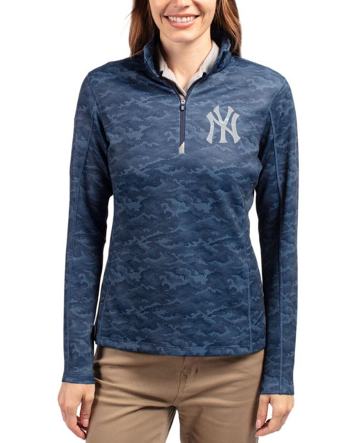Women's New York Yankees Cutter & Buck Navy Blue Traverse Stretch Camo Print Quarter Zip