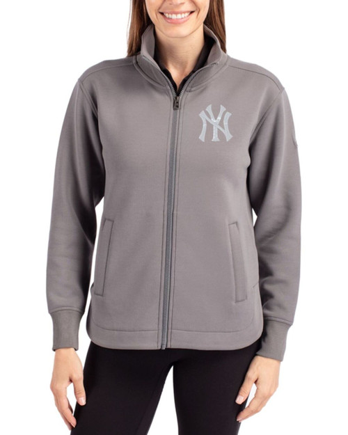 Women's New York Yankees Cutter & Buck Elemental Grey Roam Buttery-Soft Knit Full Zip Jacket