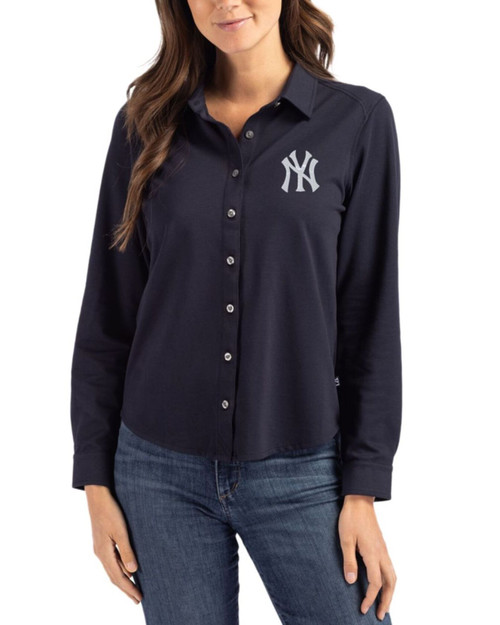 Women's New York Yankees Cutter & Buck Liberty Navy Advantage Epic Confidence Tri-Blend Pique Long Sleeve Button Down Shirt
