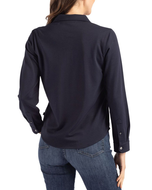 Women's New York Yankees Cutter & Buck Liberty Navy Advantage Epic Confidence Tri-Blend Pique Long Sleeve Button Down Shirt
