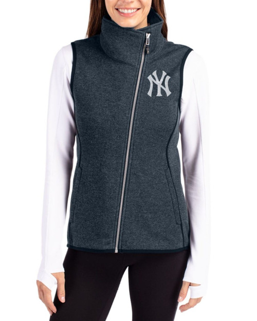 Women's New York Yankees Cutter & Buck Liberty Navy Heather Mainsail Sweater-Knit Full Zip Asymmetrical Vest
