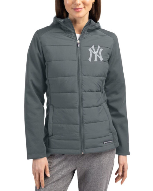 Women's New York Yankees Cutter & Buck Elemental Grey Evoke Epic Versatility Hybrid Softshell Full Zip Hooded Jacket