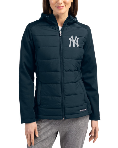 Women's New York Yankees Cutter & Buck Navy Blue Evoke Epic Versatility Hybrid Softshell Full Zip Hooded Jacket