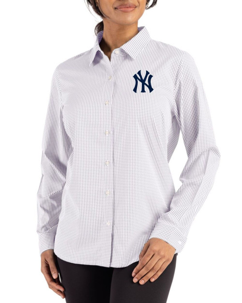 Women's New York Yankees Cutter & Buck Concrete/White Skyline Gingham Long Sleeve Spread Collar Dress Shirt