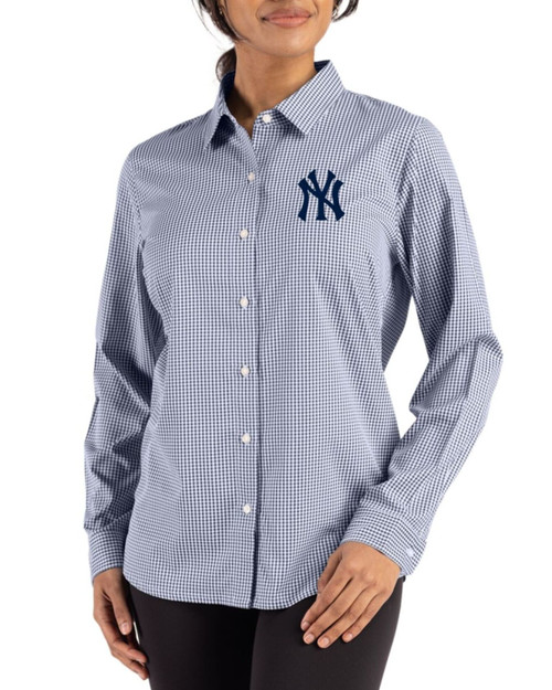 Women's New York Yankees Cutter & Buck Navy Blue/White Skyline Gingham Long Sleeve Spread Collar Dress Shirt