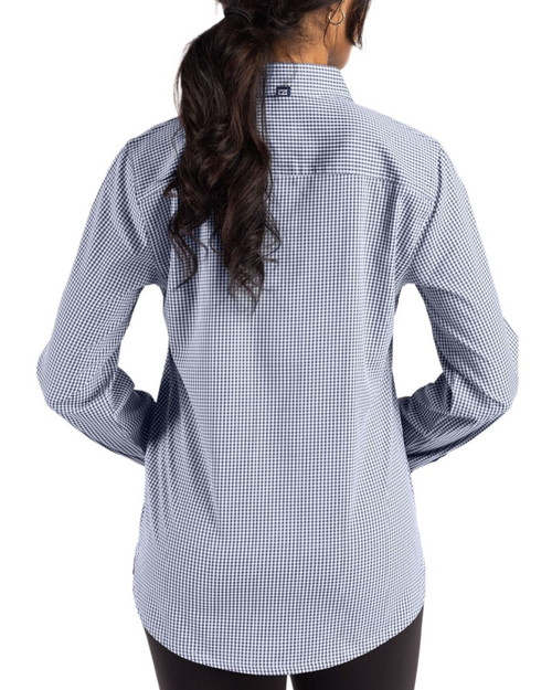 Women's New York Yankees Cutter & Buck Navy Blue/White Skyline Gingham Long Sleeve Spread Collar Dress Shirt
