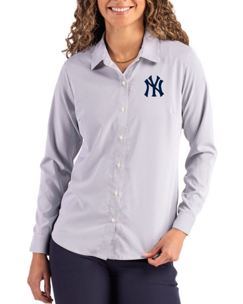 Women's New York Yankees Cutter & Buck Elemental Grey/White Skyline Pinstripe Long Sleeve Spread Collar Dress Shirt