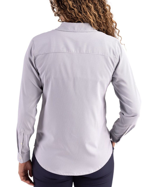 Women's New York Yankees Cutter & Buck Elemental Grey/White Skyline Pinstripe Long Sleeve Spread Collar Dress Shirt