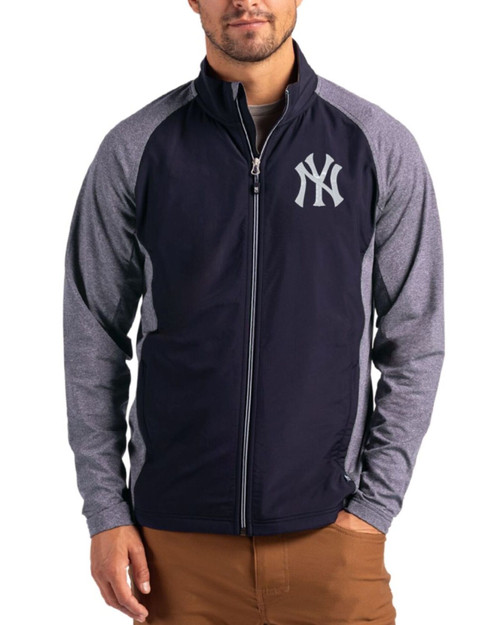 Men's New York Yankees Cutter & Buck Navy Blue Heather/Navy Blue Adapt Soft Knit Stretch Big & Tall Hybrid Full Zip Jacket