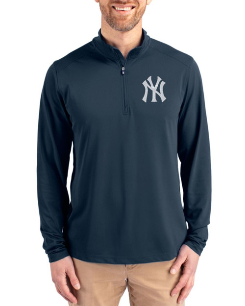 Men's New York Yankees Cutter & Buck Navy Blue Virtue Featherlight Pique Big & Tall Quarter Zip Pullover