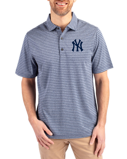 Men's New York Yankees Cutter & Buck Navy Blue Heather Forge Heather Stripe Four-Way Stretch Big & Tall Polo