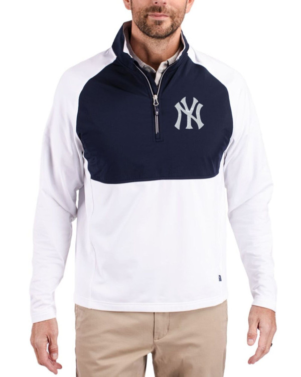 Men's New York Yankees Cutter & Buck White/Navy Blue Adapt Soft Knit Stretch Hybrid Quarter Zip Pullover