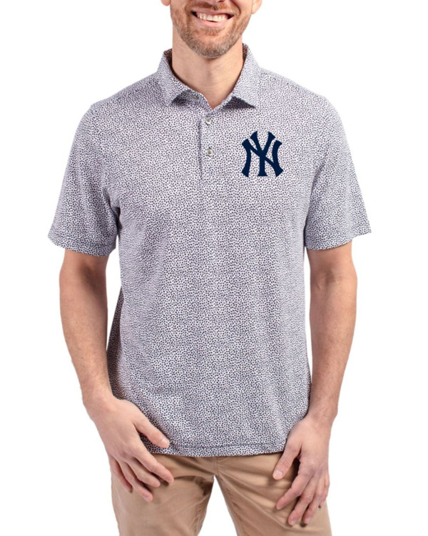 Men's New York Yankees Cutter & Buck Navy Blue Virtue Botanical Print Featherlight Pique Polo