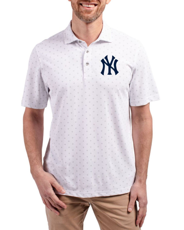 Men's New York Yankees Cutter & Buck White Virtue Tile Print Featherlight Pique Polo
