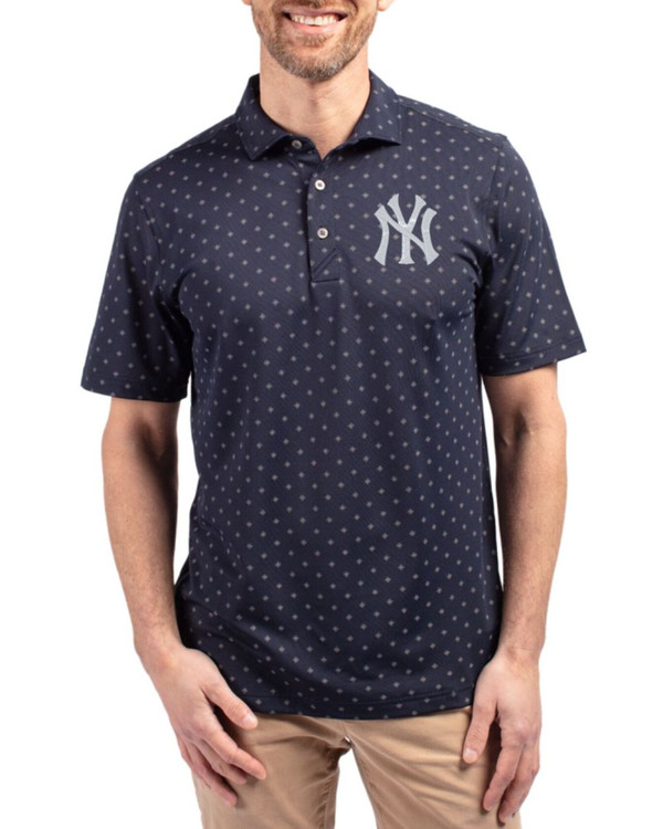 Men's New York Yankees Cutter & Buck Navy Blue Virtue Tile Print Featherlight Pique Polo