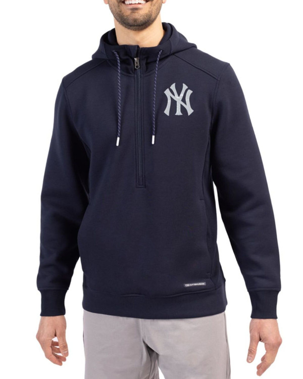 Men's New York Yankees Cutter & Buck Navy Blue Roam Buttery-Soft Knit Half Zip Hooded Pullover