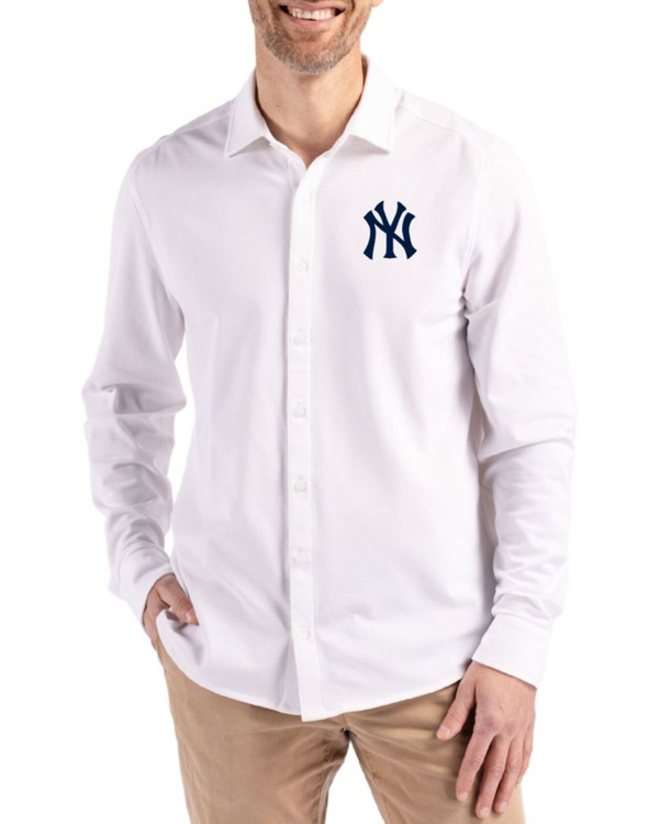 Men's New York Yankees Cutter & Buck White Advantage Epic Confidence Tri-Blend Pique Long Sleeve Button Down Shirt