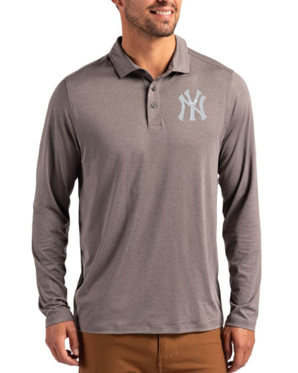 Men's New York Yankees Cutter & Buck Elemental Grey Coastline Double Peached Long Sleeve Polo