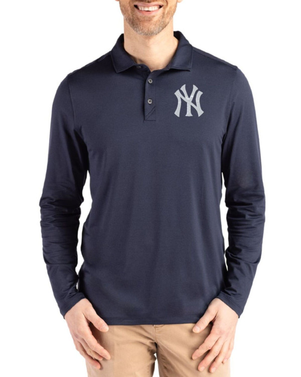 Men's New York Yankees Cutter & Buck Navy Blue Coastline Double Peached Long Sleeve Polo