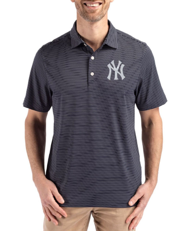 Men's New York Yankees Cutter & Buck Navy Blue/White Forge Fine Line Stripe Four-Way Stretch Polo