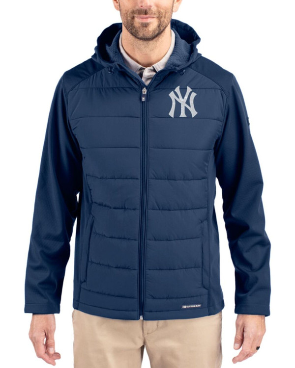 Men's New York Yankees Cutter & Buck Navy Blue Evoke Epic Versatility Hybrid Softshell Full Zip Hooded Jacket