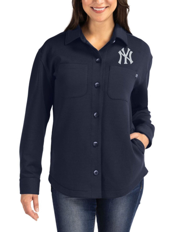 Women's New York Yankees Cutter & Buck Navy Blue Roam Buttery-Soft Knit Button Down Shirt Jacket