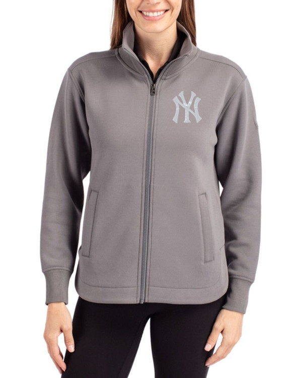 Women's New York Yankees Cutter & Buck Elemental Grey Roam Buttery-Soft Knit Full Zip Jacket