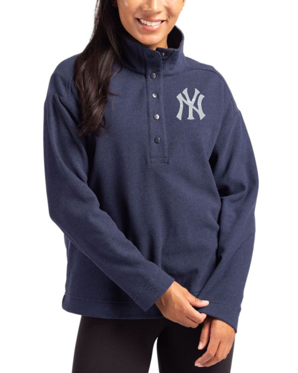 Women's New York Yankees Cutter & Buck Navy Blue Hunts Point Fleece Hybrid Snap Placket Pullover