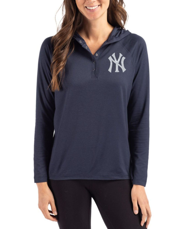 Women's New York Yankees Cutter & Buck Navy Blue Coastline Double Peached Hooded Pullover