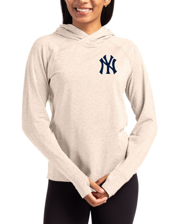 Women's New York Yankees Cutter & Buck Wheat Heather Adapt Soft Knit Stretch Hooded Pullover