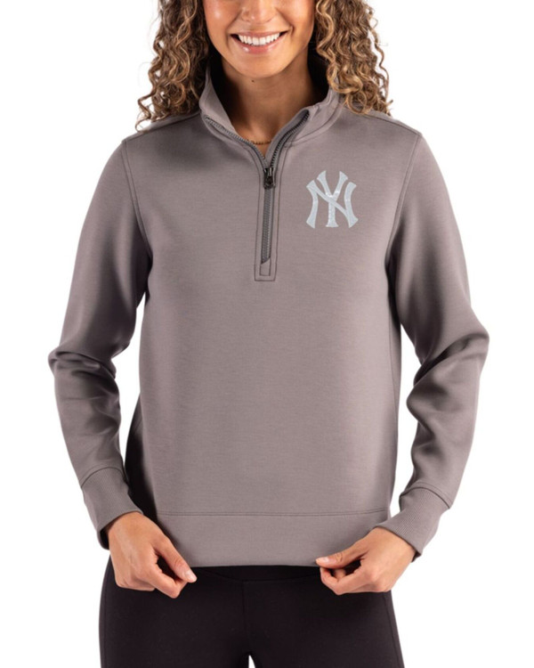 Women's New York Yankees Cutter & Buck Elemental Grey Roam Buttery-Soft Knit Quarter Zip Pullover