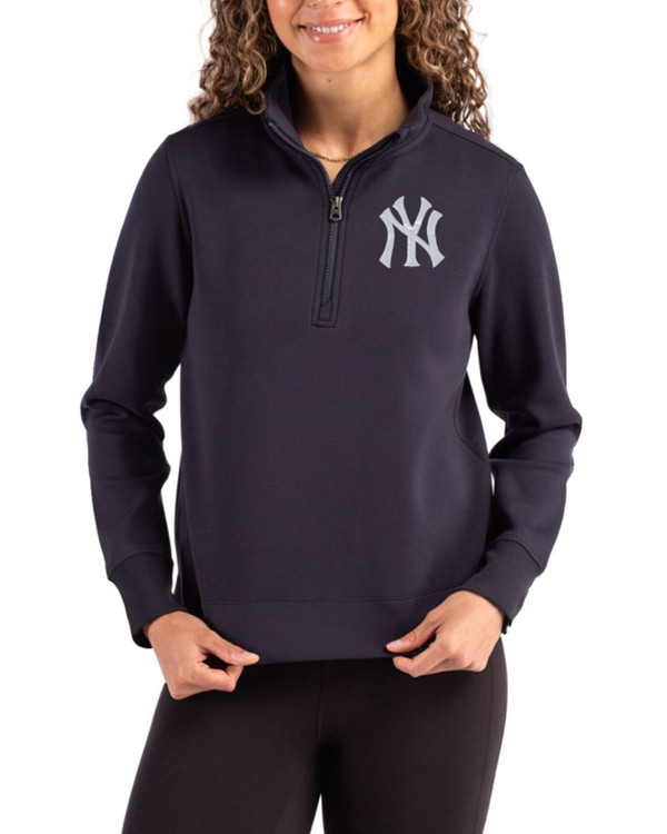 Women's New York Yankees Cutter & Buck Navy Blue Roam Buttery-Soft Knit Quarter Zip Pullover