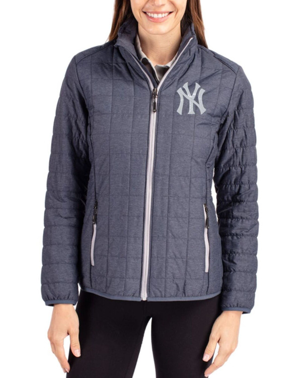 Women's New York Yankees Cutter & Buck Anthracite Melange Rainier Insulated Puffer Full Zip Jacket