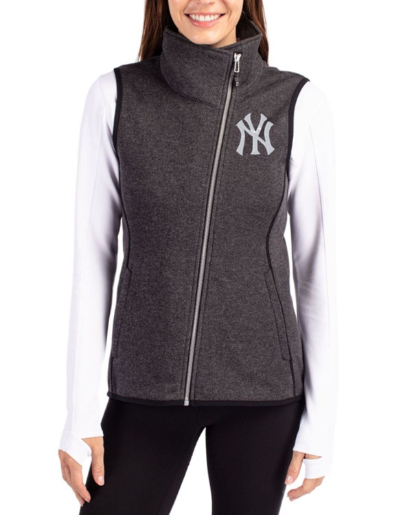 Women's New York Yankees Cutter & Buck Charcoal Heather Mainsail Sweater-Knit Full Zip Asymmetrical Vest