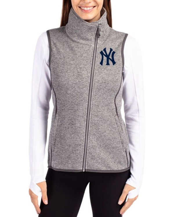 Women's New York Yankees Cutter & Buck Polished Heather Mainsail Sweater-Knit Full Zip Asymmetrical Vest